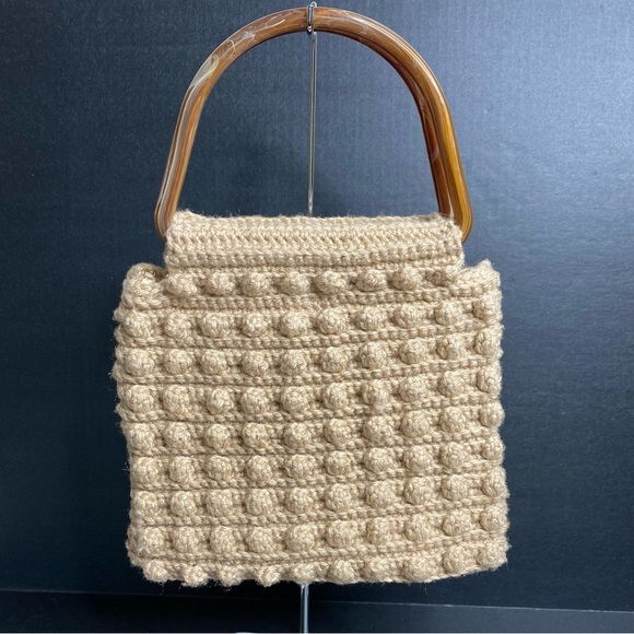 Vintage Crochet Bobble Popcorn Stitch Handbag Tan Tortoiseshell‎ Resin Handle - Picture 3 of 7